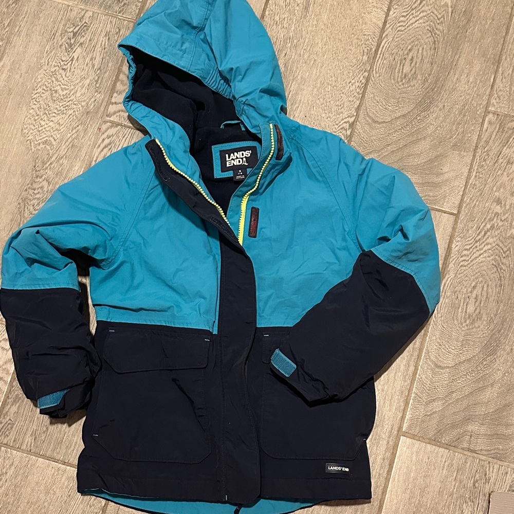 Lands' End Kids Teal and Navy Coat size small, 7/8 unisex
